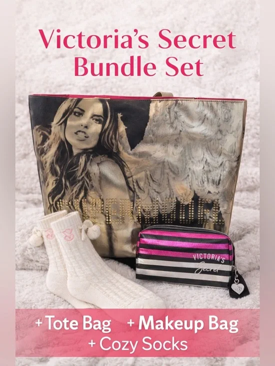 Victoria’s Secret Tote Bundle Bag + Makeup Case + Cozy Slipper Socks Set - Picture 2 of 15